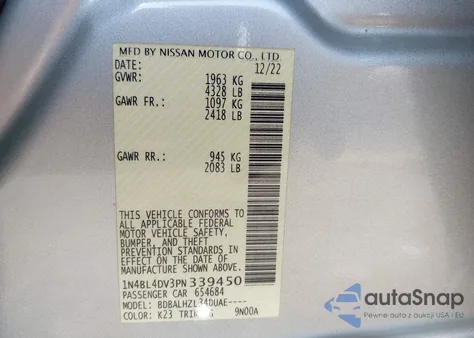 2023 Nissan Altima Sv Fwd z USA, uszkodzony, nr VIN 1N4BL4DV3PN339450